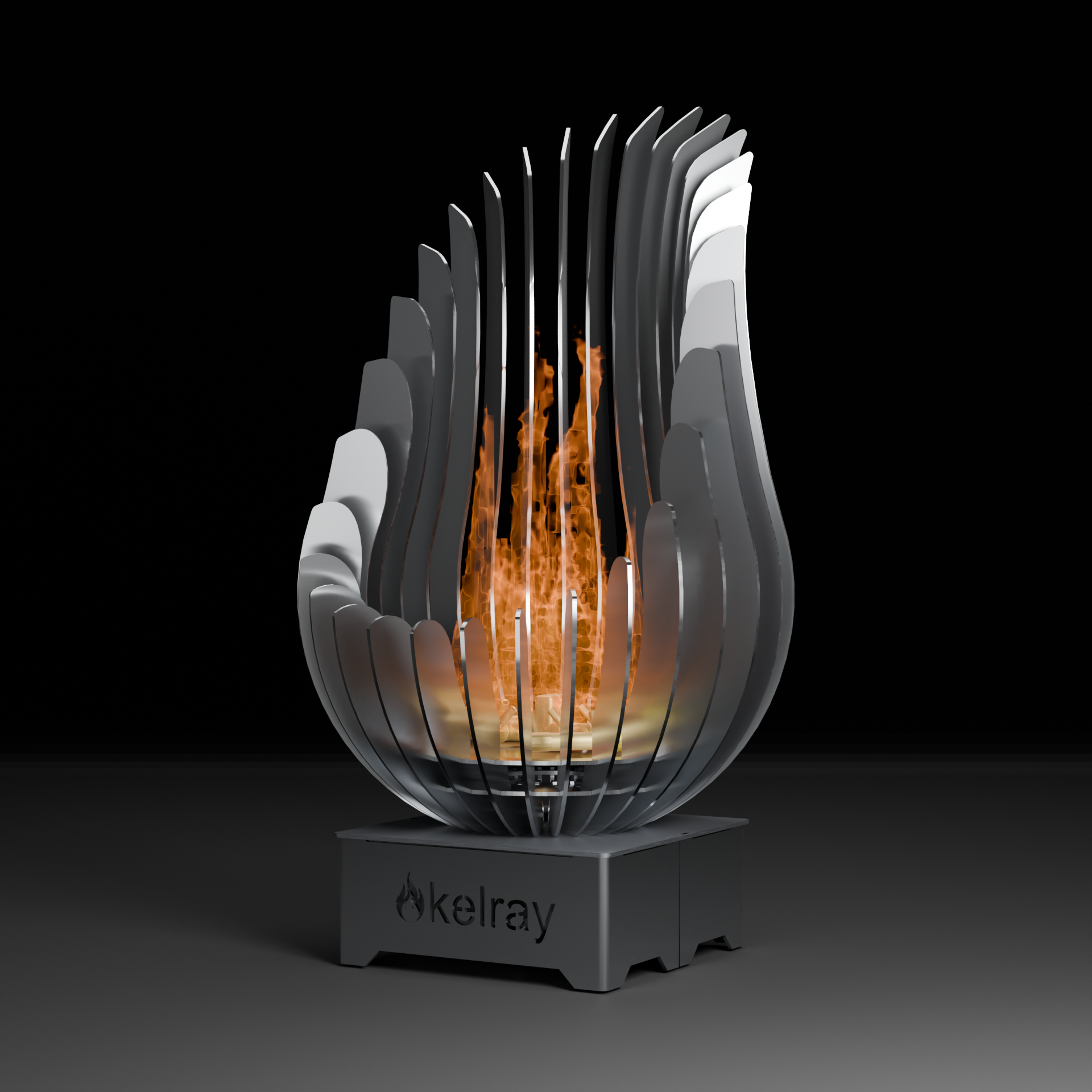 Studio image of Kelray sculptural firepit with active flame, shown on a black background